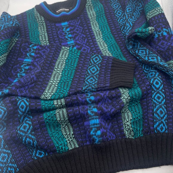 80s Expressions International Sweater Men Large Blue Chunky Grandpa Colorful X - Picture 1 of 10
